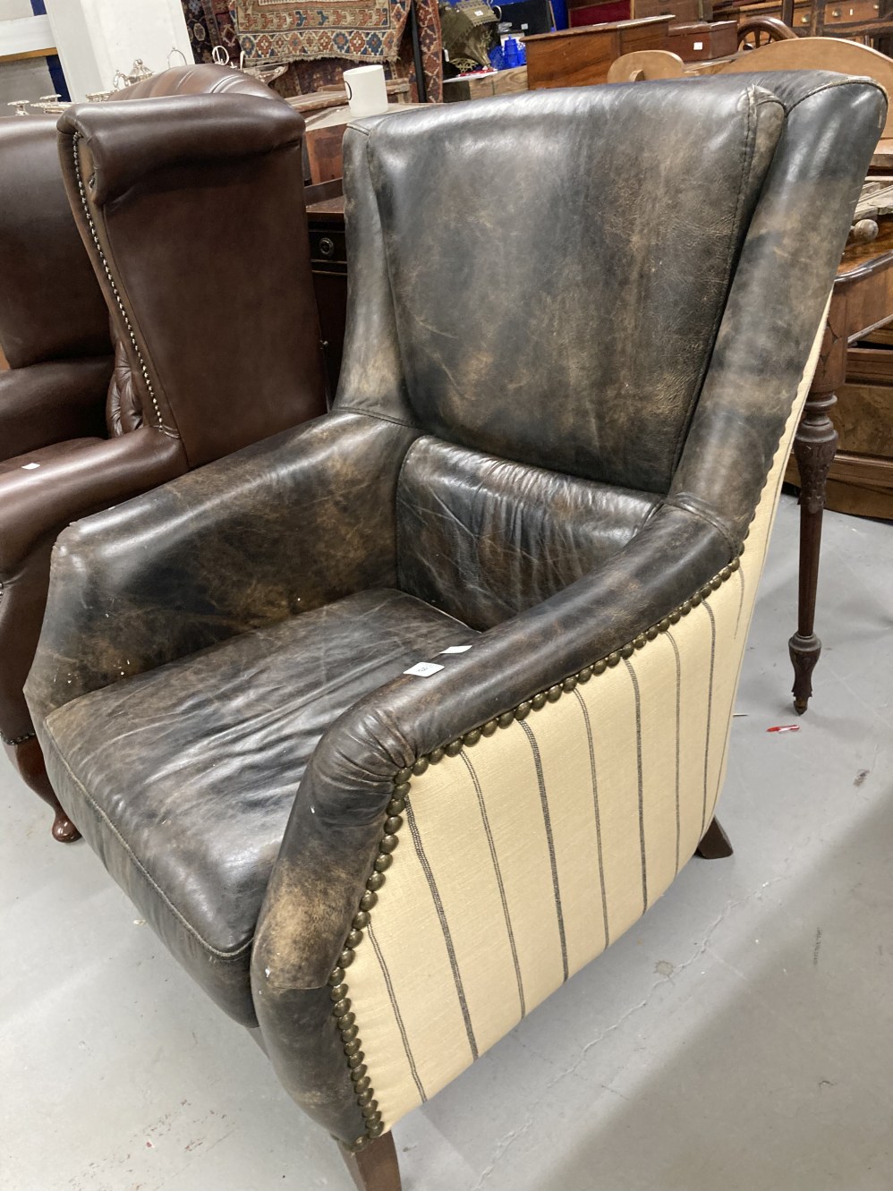 Andrew Martin Harrow style leather and fabric high back armchair. - Bild 2 aus 4
