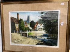 John Haskins 1977 oil on board Kevsey Village Suffolk, signed bottom right and label on reverse,