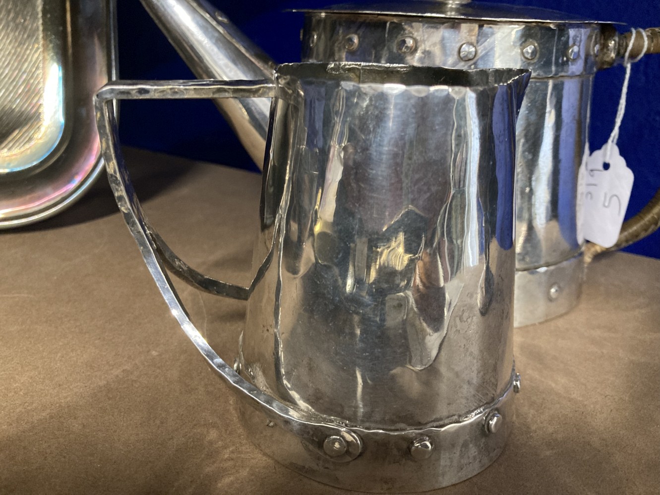 Arts & Crafts: Continental silver wash on copper riveted teapot 4¼ins, cream jug 4¼ins. - Image 2 of 3