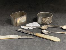 Hallmarked Silver: Two napkin rings, three salt spoons and two fruit knives with mother of pearl