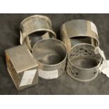 Hallmarked Silver: Napkin rings, various hallmarks. Total weight 5.19oz. (5)