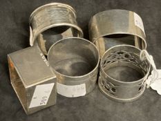 Hallmarked Silver: Napkin rings, various hallmarks. Total weight 5.19oz. (5)