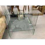 Art & Design: Retro clear glass desk. 55ins. x 28ins. x 29ins. Plus a glass coffee table. 34ins. x