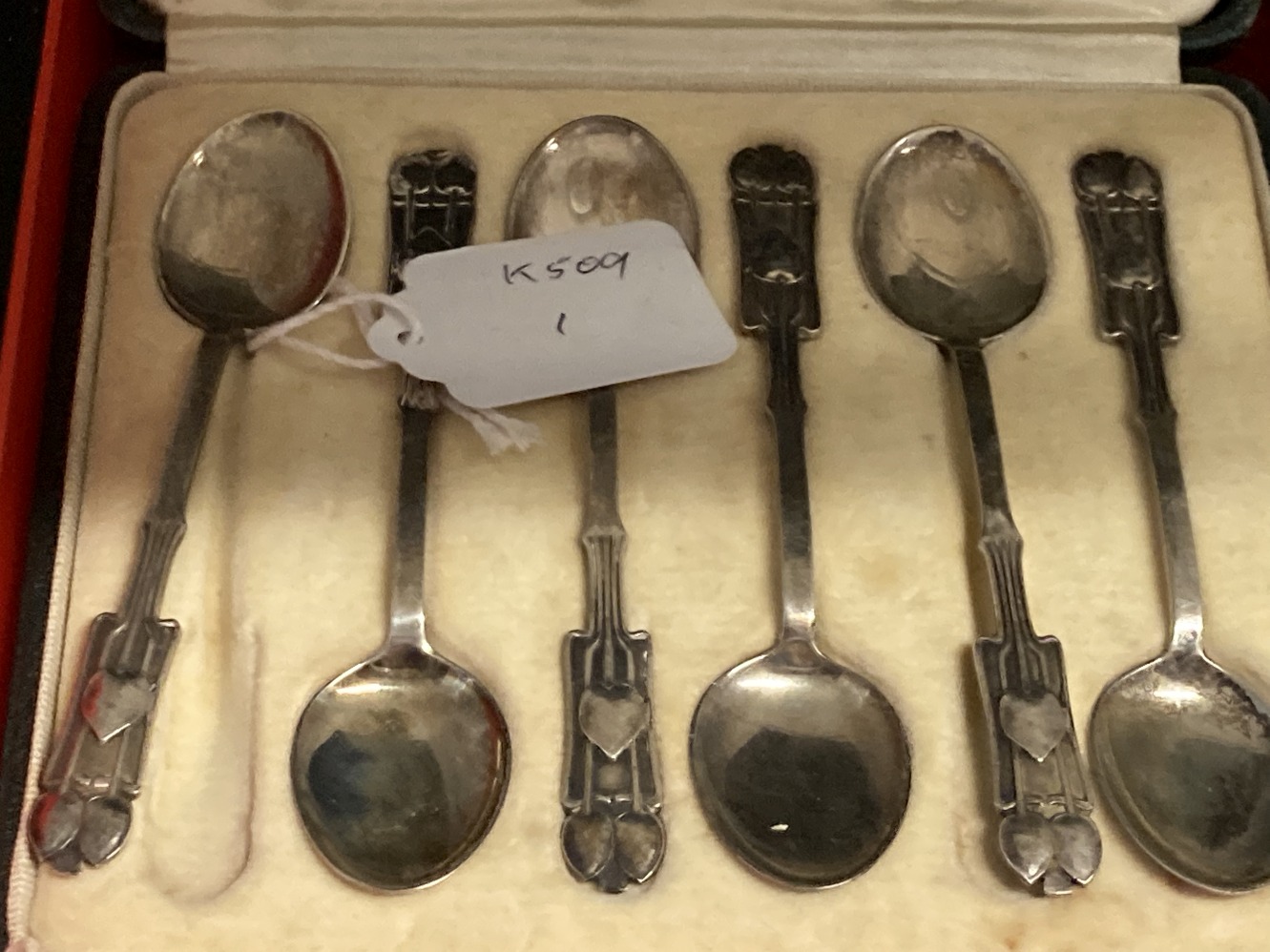 Hallmarked Silver: Liberty & Co. Cymric Medea pattern - 'Honesty' flower finials coffee spoons - Image 3 of 5