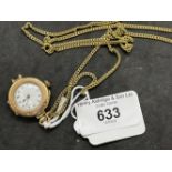 Hallmarked Gold: 9ct ladies wristwatch pendant on fine yellow metal (plated) chain.