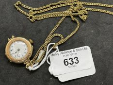 Hallmarked Gold: 9ct ladies wristwatch pendant on fine yellow metal (plated) chain.