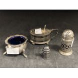 Hallmarked Silver: Condiments salt, mustard, two pepper pots one bachelor size. Total weight 2.8oz.