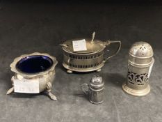 Hallmarked Silver: Condiments salt, mustard, two pepper pots one bachelor size. Total weight 2.8oz.