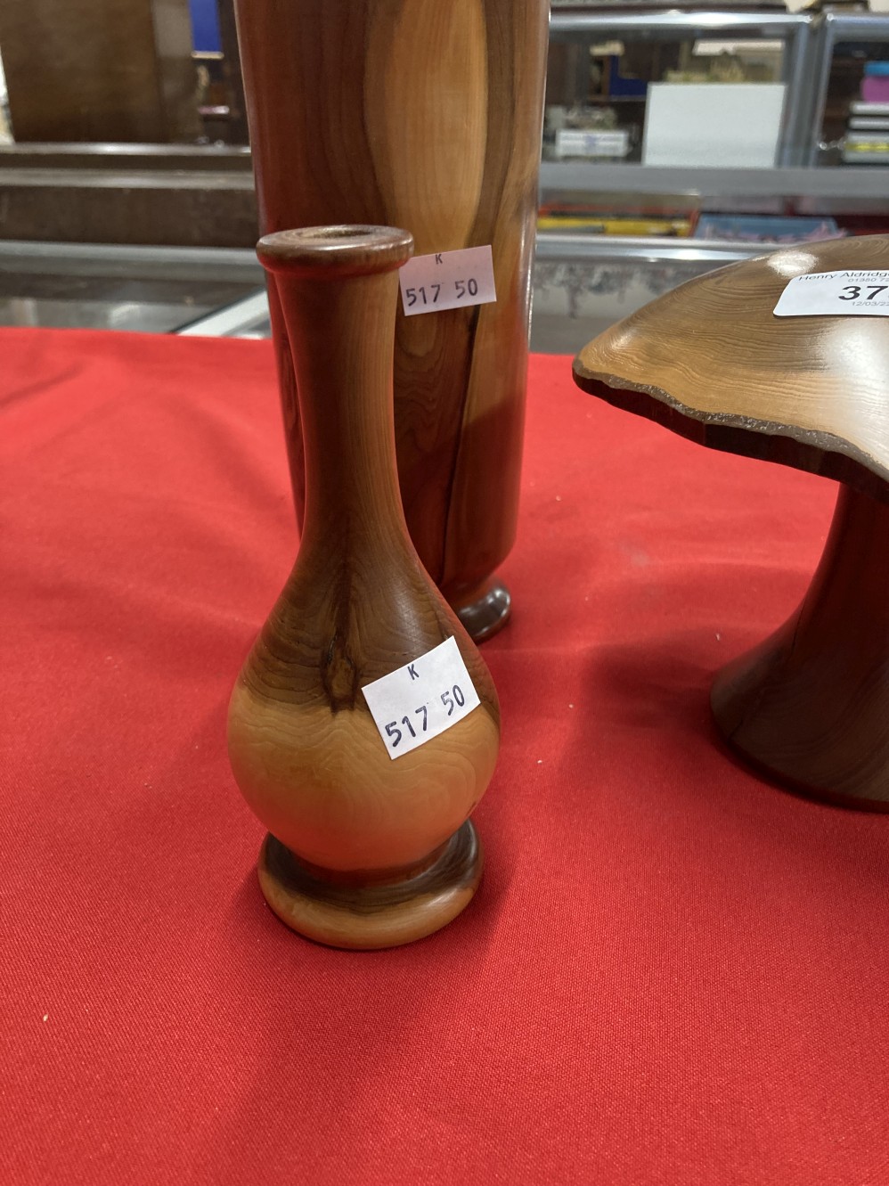 20th cent. Studio Treen: Mick Jarvis yew wood elegant vase 10ins, yew wood vase 6ins, plus toadstool - Image 2 of 3