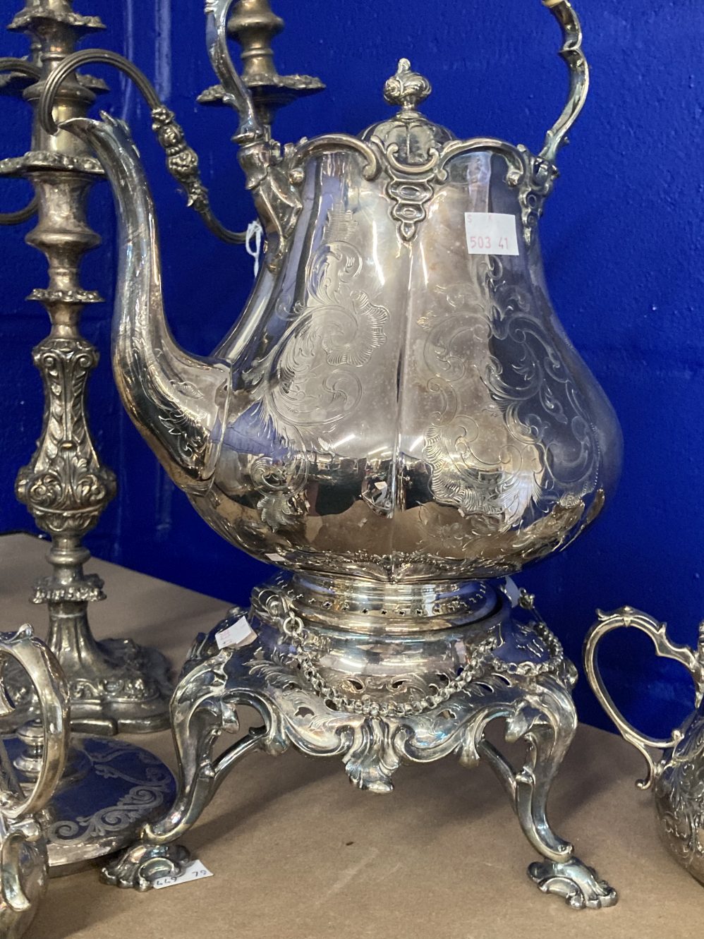 19th cent. Silver plated tea kettle on burner stand, the shaped body with engraved scrolling - Image 2 of 3