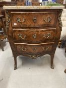 20th cent. French kingwood and mahogany marble top serpentine fronted small chest of three drawers