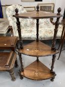 Late 19th cent. Mahogany inlaid three tier corner whatnot. 38½ins. x 18ins. x 12ins.