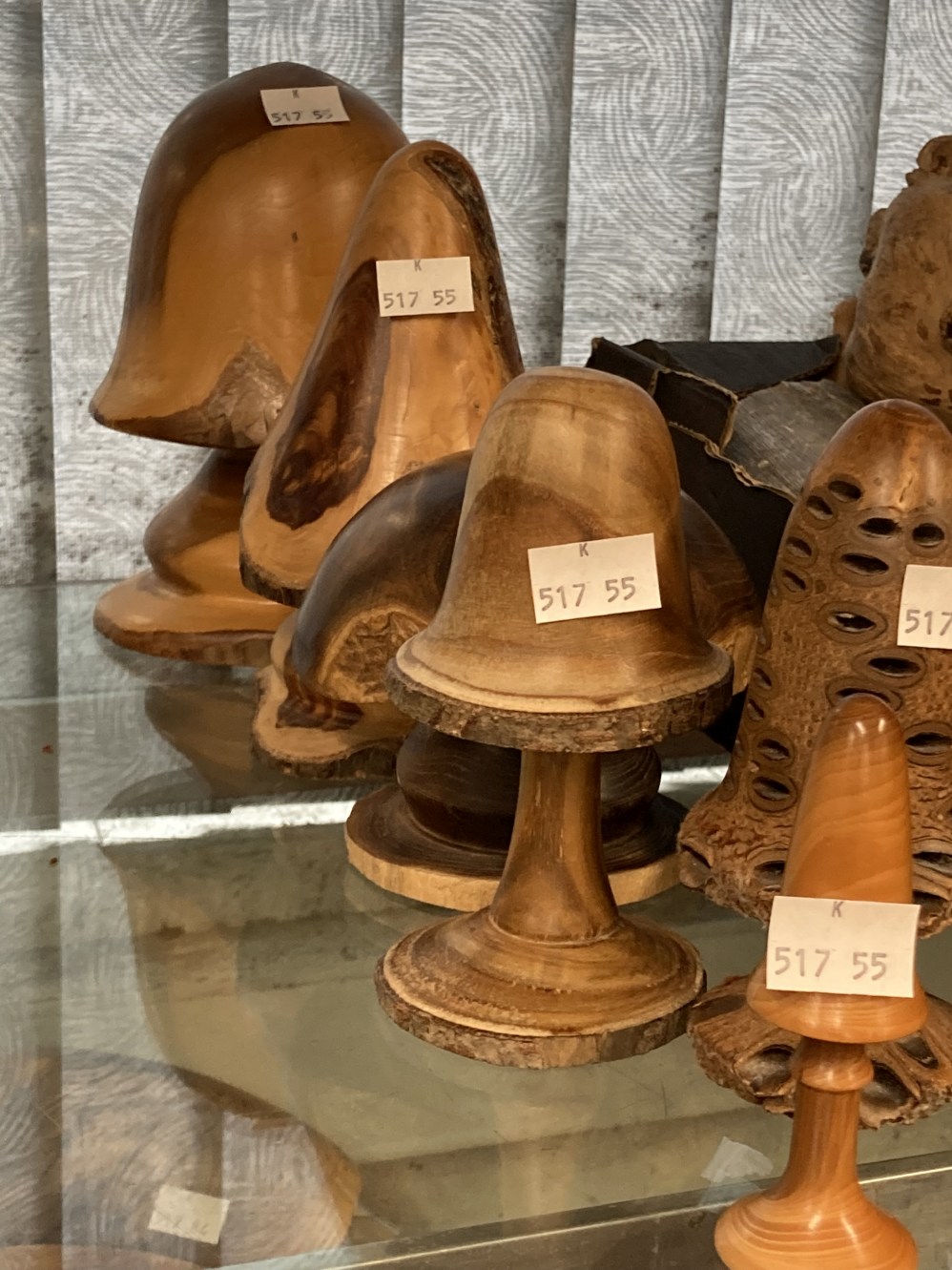 20th cent. Treen: Turned and carved mushrooms Australian banksia nut, plus five others.