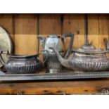 Silver plate mixed lot to include a three piece plated tea set, trumpet vase, single coaster, two