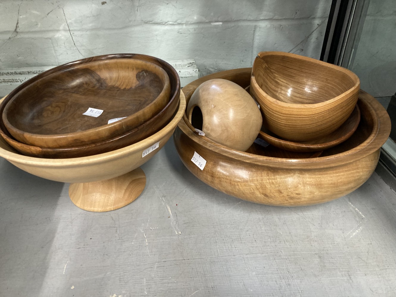 20th cent. Treen: Turned English walnut large rimmed bowl 13ins, small limewood bowl 5ins, block - Image 6 of 6