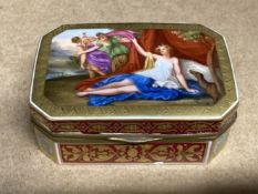Late 19th cent. Vienna porcelain box with canted corners decorated with Diana the Huntress, the base