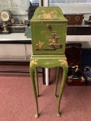 20th cent. 'Telephone Valet' cabinet, green painted chinoiserie case and candlestick telephone.