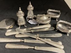 Hallmarked Silver: condiments, mustard x 2, lidded mustard, salt and pepper, Birmingham 1916-17,