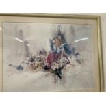 Gordon King (1939) coloured print young lady with flowers, framed and glazed. 27ins. x 20ins.