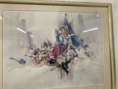 Gordon King (1939) coloured print young lady with flowers, framed and glazed. 27ins. x 20ins.