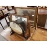 19th cent. Toilet mirrors, rectangular mirror with reeded uprights and brass finials, small oak