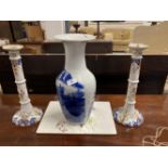 Lamps: 19th cent. Chinese blue and white vase converted to a lamp. 15ins. Plus a pair of French