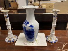 Lamps: 19th cent. Chinese blue and white vase converted to a lamp. 15ins. Plus a pair of French