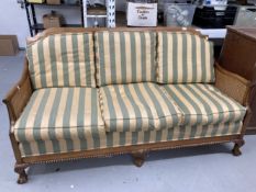 1930s style Bergere three seater sofa with striped upholstery. 69ins.