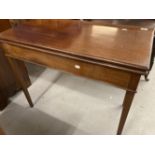 19th cent. Mahogany tea table fold over top supported by single opening back leg on square