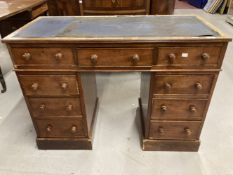 Late 19th cent. Mahogany twin pedestal desk, nine drawers all with knob handles on a square plinth