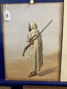 English School: Desert tribesman garbed in white with rifle and pistol, unmounted. 14ins. x 10½ins.