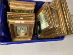 Modern oilographs in gilt frames x 8 and framed silhouettes x 3.