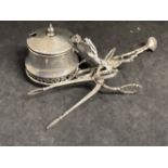 Hallmarked Silver: Two pars of sugar nips both hallmarked London with an import mark, mustard pot