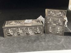 Asian White Metal: Oblong trinket box decorated with repoussé roundels the Hindu Goddess, white