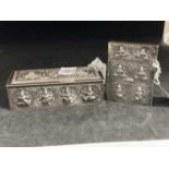 Asian White Metal: Oblong trinket box decorated with repoussé roundels the Hindu Goddess, white