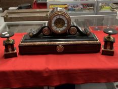 Clocks: 19th cent. French black and rose marble clock garniture with anchor escapement, strikes half