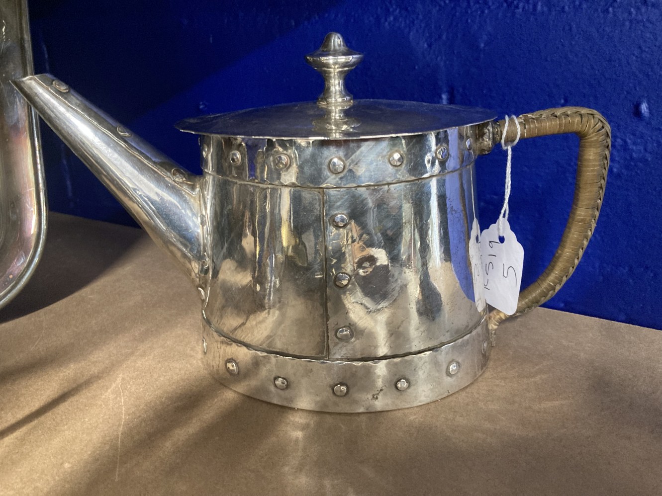 Arts & Crafts: Continental silver wash on copper riveted teapot 4¼ins, cream jug 4¼ins. - Image 3 of 3