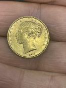 Gold Coins: 1870 Queen Victoria, young head, shield back full Sovereign. 8g.