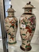 Late 19th cent. Chinese pottery vases and lids with warriors on horseback. One with brown seal mark,