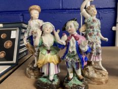 Schierholz Figurines: Young girl and boy decorated in coloured enamels, he's holding a tambourine