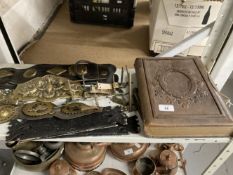 20th cent. Horse brasses, Martingale, 19th cent. brass toilet roll holders and an album of