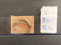 Stamps: Colony of Canada, 1851 SG1a, 3d Red, used, clipped top edge, multi circle cancel.