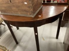 19th cent. Mahogany D end side table, the galleried top above a shaped frieze on square chamfered