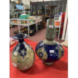 Arts & Crafts: Doulton vases, blue/green and cobalt blue with incised and tube line decoration,