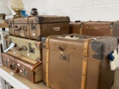 Luggage: Early 20th cent. Suitcases, one large with wooden straps, one square with Everware fibre
