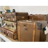 Luggage: Early 20th cent. Suitcases, one large with wooden straps, one square with Everware fibre