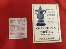 Football: Unusual Football League South Cup Final 15-4-1944, plus Wembley ticket for the same.