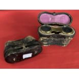 Early 20th cent. Opera glasses decorated with mother of pearl, plus one other pair, both in fitted