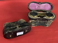 Early 20th cent. Opera glasses decorated with mother of pearl, plus one other pair, both in fitted