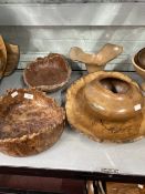 20th cent. Studio Treen: Carved and turned bowls, burr elm 12ins, burr elm Ron Gray 11ins, hazel